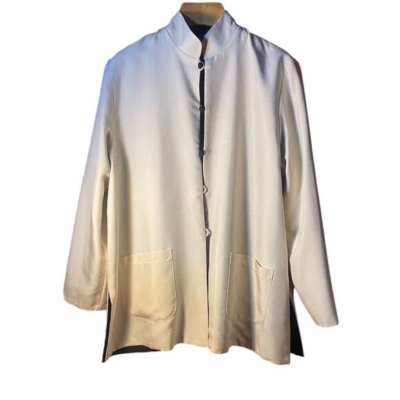 Anne Namba minimalist Unisex Black Ivory Silk Reversible Mandarin Jacket Sz L - Picture 2 of 12